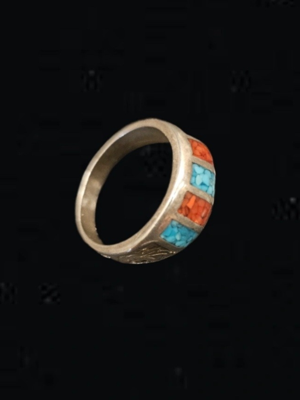 Vintage Southwestern Silver Turquoise & Coral Chip Inlay Band Ring Sz 7